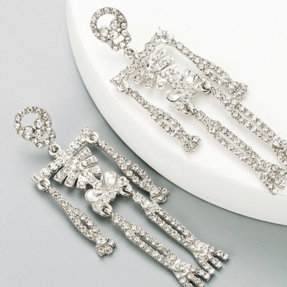 Skull Skeleton Alloy Inlaid Rhinestone 3” Earrings - Picture 2 of 4